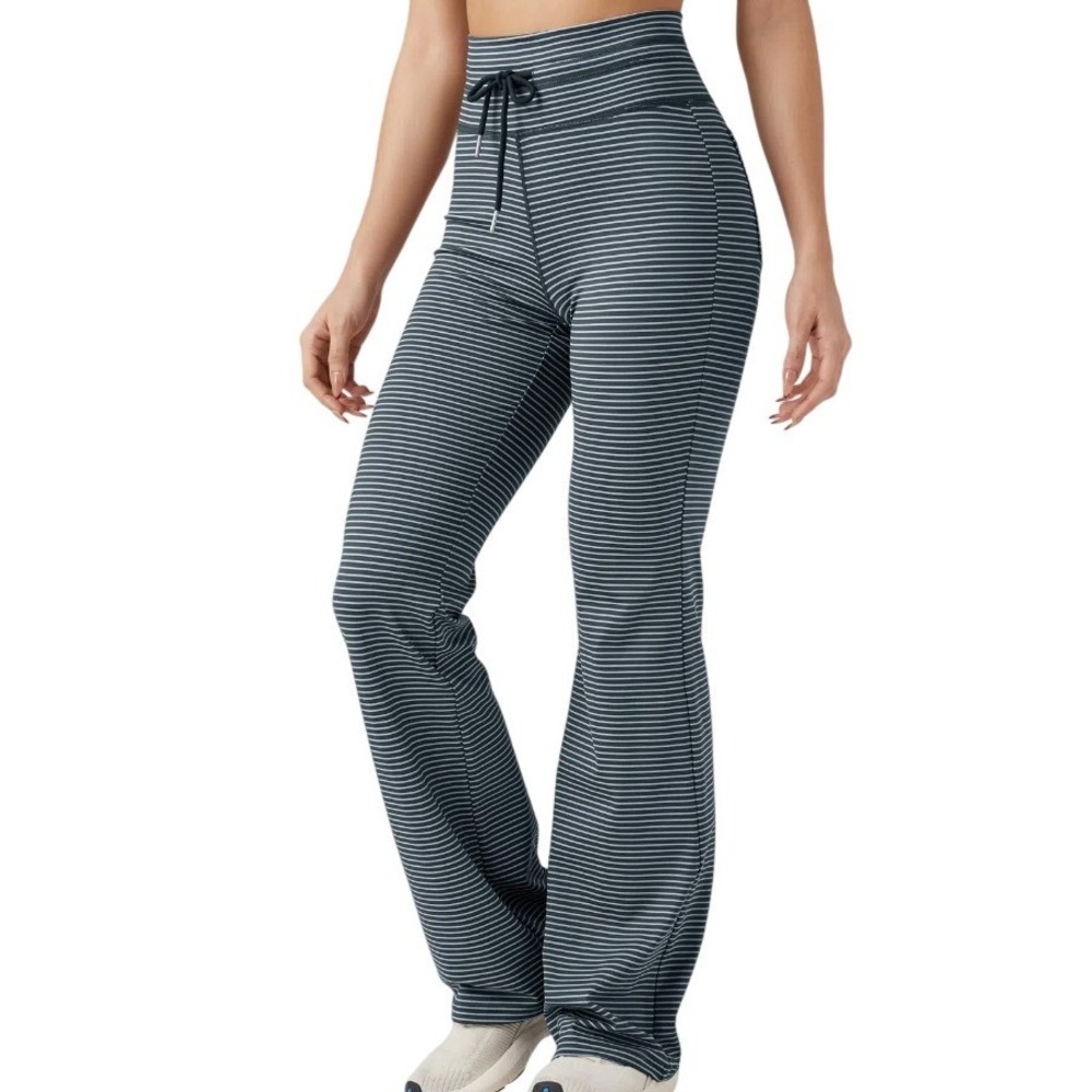 High Waisted Drawstring Teal Stripe Flare Yoga Pants Pockets S Petite *Flaw